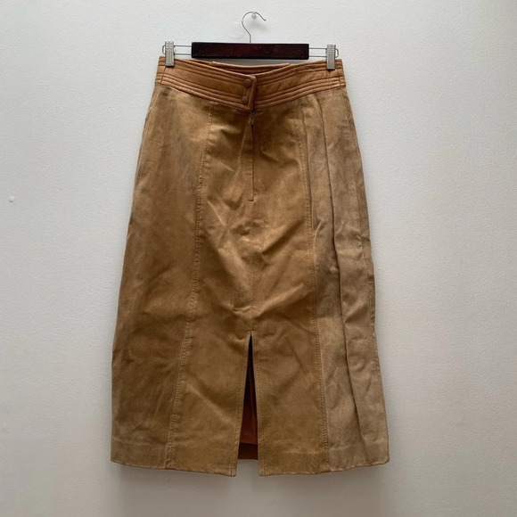 VINTAGE - Tan 1980s High Waisted Leather Suede Pencil Skirt - Picture 3 of 12